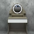 Wooden Dressing Table With Round Mirror White Countertop And Open Shelf