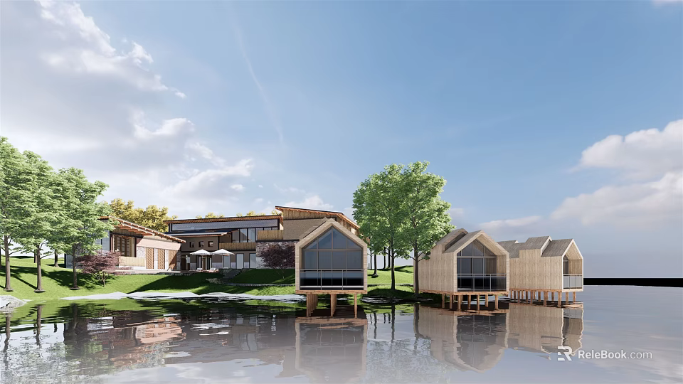 Modern Waterfront Guesthouse Buildings With Wooden Design And Natural Lakeside Reflections 3d model 