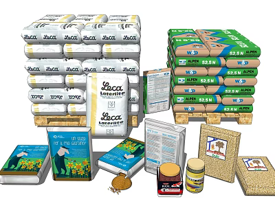 Agricultural Equipment With Stacked Fertilizer Bags Seed Packages And Storage Supplies 3d model