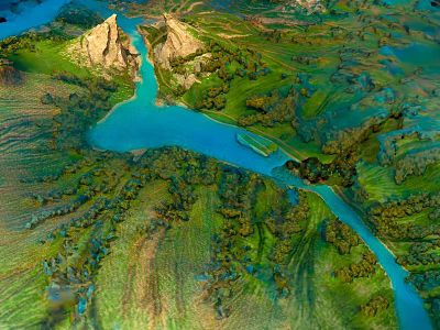 Scenic Natural Landscape With Winding River Lush Vegetation And Rocky Mountains 3d model