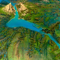 Scenic Natural Landscape With Winding River Lush Vegetation And Rocky Mountains