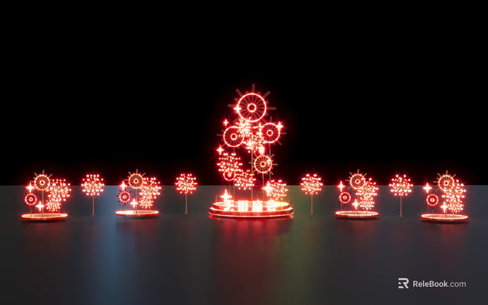Red Illuminated Gear Art Installation Featuring Tree Shaped Sculptural Arrangement 3d model