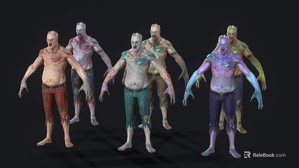 Undead Zombie Characters With Tattered Pants Various Colors And Mutant Features 3d model 