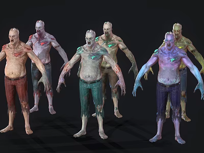 Undead Zombie Characters With Tattered Pants Various Colors And Mutant Features 3d model