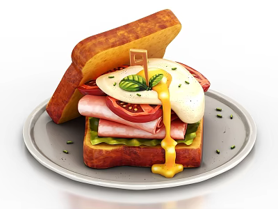 Tasty Sandwich With Fried Egg Ham Tomato Avocado Runny Yolk And Wooden Pick 3d model