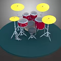 Colorful Musical Drum Set With Red Shells Yellow Cymbals And Metal Stands On Blue Platform