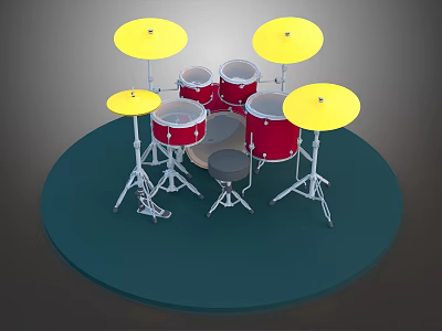 Colorful Musical Drum Set With Red Shells Yellow Cymbals And Metal Stands On Blue Platform 3d model