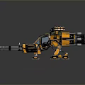 Futuristic Orange Black Armored Tank With Multiple Cannons And Sci-Fi Mechanical Details