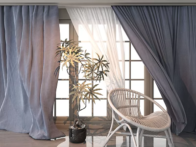 Gray Curtains With White Sheer Sunlight Through Window By Wicker Chair And Potted Palm Plant 3d model
