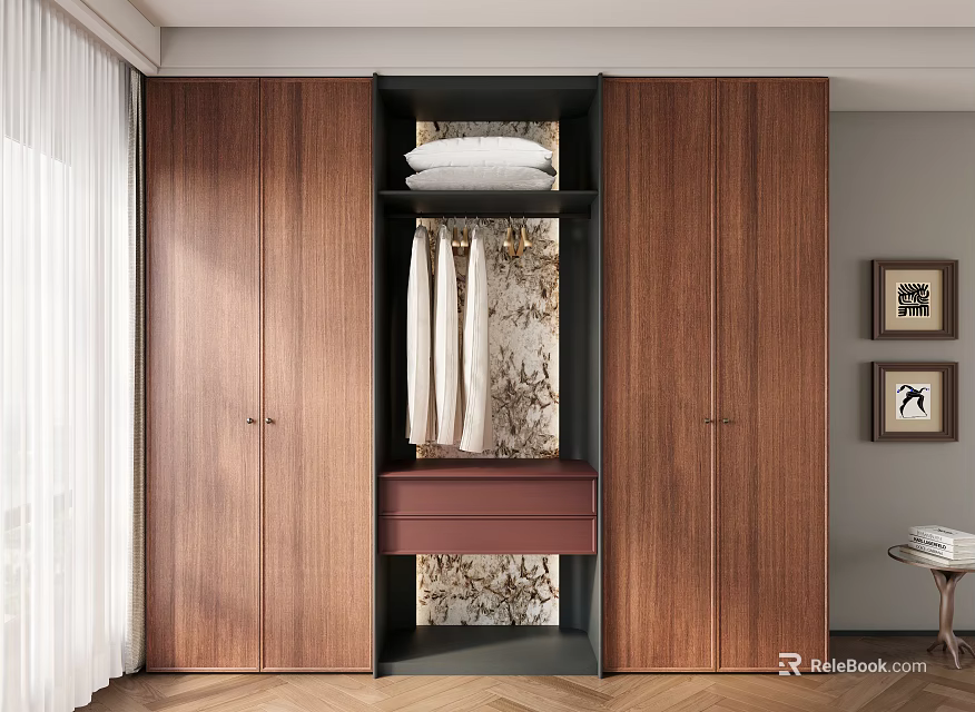 Modern Wooden Wardrobe with Open Center Clothes Hanging Section and Red Drawer in Stylish Interior 3d model 