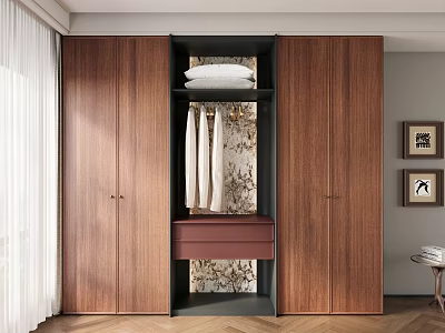 Modern Wooden Wardrobe with Open Center Clothes Hanging Section and Red Drawer in Stylish Interior 3d model