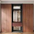 Modern Wooden Wardrobe with Open Center Clothes Hanging Section and Red Drawer in Stylish Interior