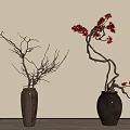 Bonsai Potted Plants With Dried Branches Red Flowers In Ceramic Vases Indoor Wooden Floor