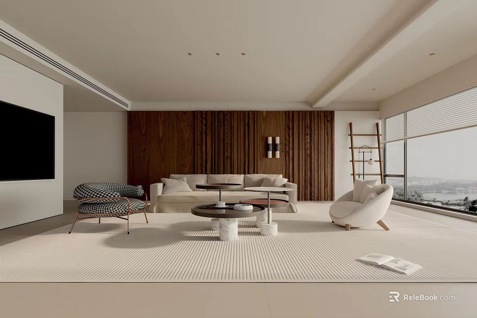 Modern Living Room With Light Sofa Wooden Wall Round Coffee Table Floor To Ceiling Windows 3d model 