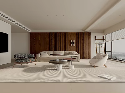 Modern Living Room With Light Sofa Wooden Wall Round Coffee Table Floor To Ceiling Windows 3d model