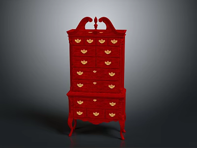 Red Chest Of Drawers Furniture With Golden Handles Decorative Top And Curved Legs 3d model
