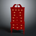 Red Chest Of Drawers Furniture With Golden Handles Decorative Top And Curved Legs
