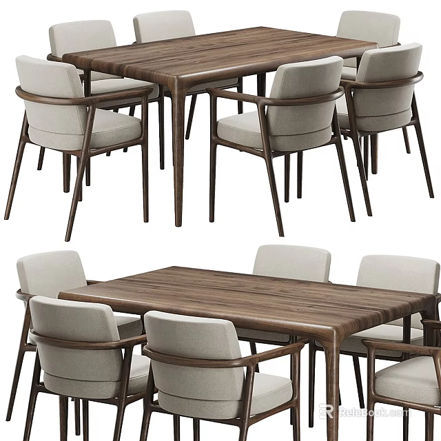 Modern Wooden Dining Table With Comfortable Beige Fabric Chairs Set 3d model