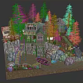 Cartoon Scene Featuring Wooden House Pine Trees Small Boat Rocks And Water Area