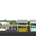 Colorful Outdoor Stalls With Yellow Blue Striped Canopies Under Blue Sky White Clouds Green Trees