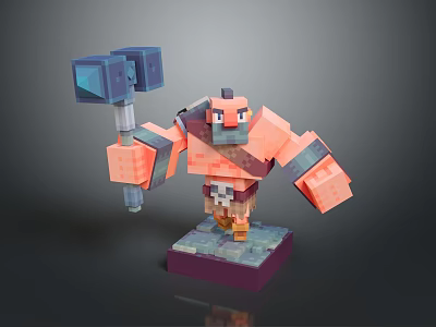 Block Style Mythical Creature Character Holding Hammer With Orange And Gray Body On Purple Base 3d model
