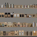 Organized Food Packaging Display With Jars Bottles Bags And Containers On Wooden Shelves