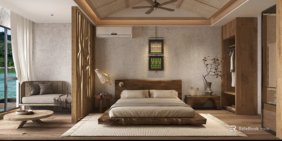 Natural Style Homestay Guest Room Interior With Wooden Headboard Cozy Bed And Ceiling Fan 3d model 