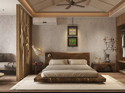 Natural Style Homestay Guest Room Interior With Wooden Headboard Cozy Bed And Ceiling Fan 3d model