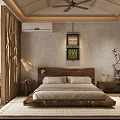 Natural Style Homestay Guest Room Interior With Wooden Headboard Cozy Bed And Ceiling Fan