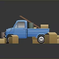 Small Blue Cargo Van With Boxes In Cargo Area Scattered Cardboard Boxes And Barrels Nearby