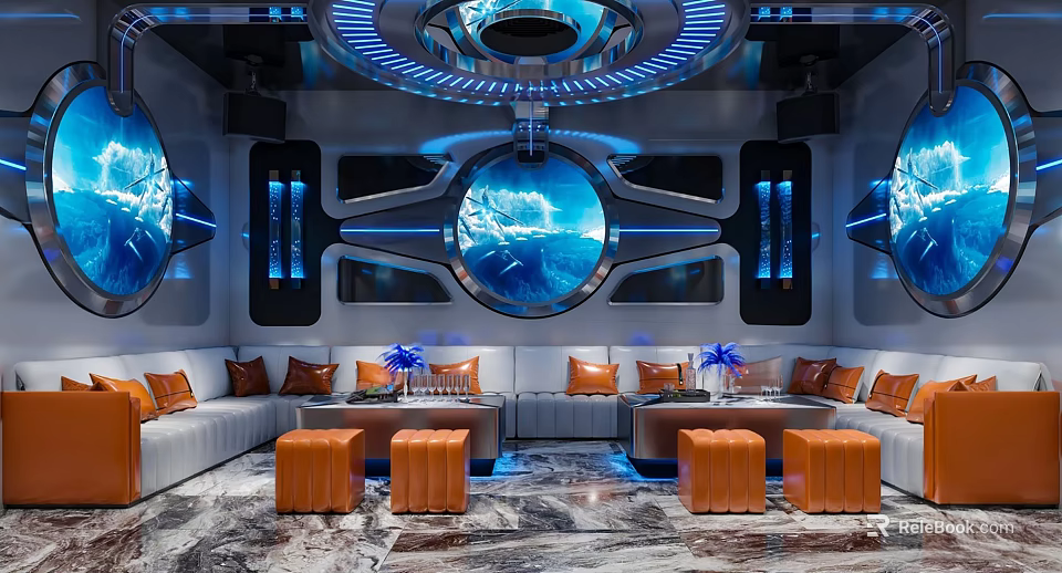 Modern KTV Interior Design Featuring Blue Lighting Circular Windows Sofas Orange Stools And Marble Floor 3d model 