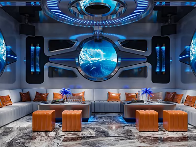Modern KTV Interior Design Featuring Blue Lighting Circular Windows Sofas Orange Stools And Marble Floor 3d model