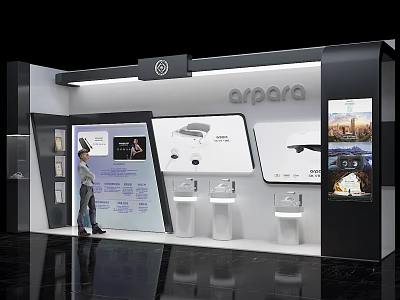 Modern Exhibition Display Shelves With Glass Surfaces And Product Exhibits 3d model