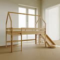 Wooden House Shaped Kids Bed With Slide And Ladder In Bright Room