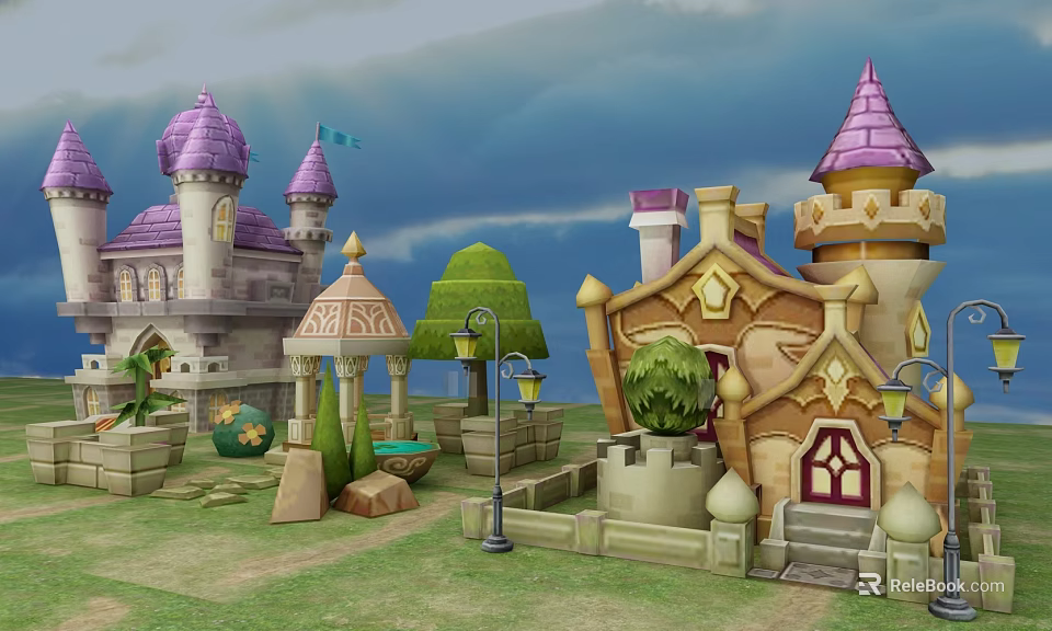 Cartoon Scene With Purple Spire Castles Yellow Houses Green Trees And Lawn 3d model 