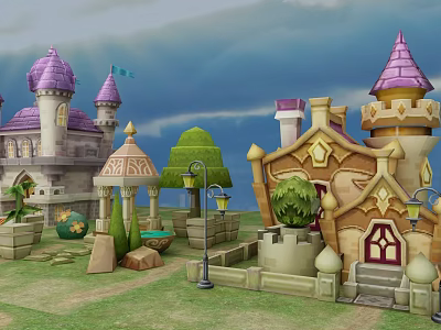 Cartoon Scene With Purple Spire Castles Yellow Houses Green Trees And Lawn 3d model