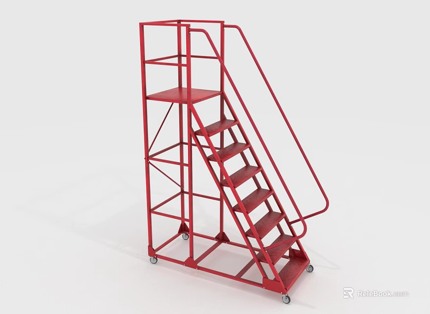 Industrial Red Metal Ladder With Wheels And Platform For Warehouse Use 3d model 