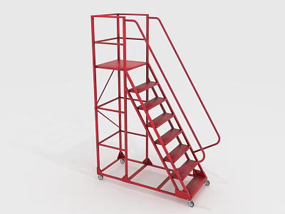 Industrial Red Metal Ladder With Wheels And Platform For Warehouse Use 3d model