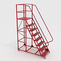 Industrial Red Metal Ladder With Wheels And Platform For Warehouse Use