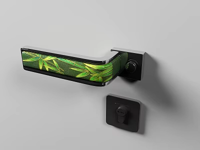 Modern Door Handle with Green Bamboo Leaf Pattern and Decorative Transparent Panel 3d model