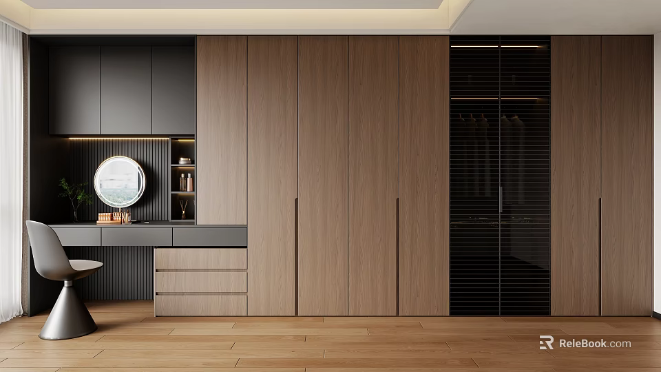 Minimalist Wood Grain Wardrobe With Integrated Dressing Table And LED Lighting Storage Space For Bedroom 3d model 
