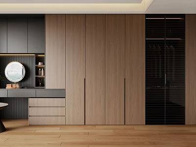 Minimalist Wood Grain Wardrobe With Integrated Dressing Table And LED Lighting Storage Space For Bedroom 3d model