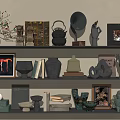 Elegant Decorative Ornament Set With Ceramic Vases Sculptures Photo Frames And Books On Shelves
