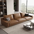 Brown Leather Three-Seater Sofa with Striped and Black Cushions by Window with Scenic View