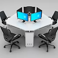 Octagonal White Office Desk with Six Black Office Chairs and Multiple Monitors Including Central Screen