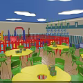 Kids Playroom Interior with Cloud Shaped Lights Colorful Tables Chairs and Play Area