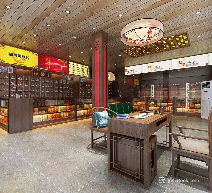 Chinese Style Tea Specialty Store Interior With Wooden Shelves Display Cabinets And Tables 3d model 