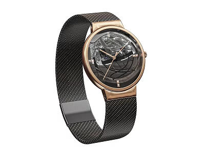 Modern Fashion Watch With Black Mesh Strap And Rose Gold Case Transparent Dial Design 3d model