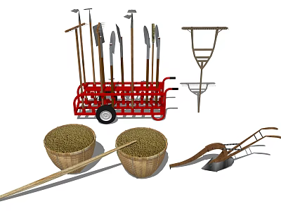 Essential Garden Tools Collection With Rakes Shovels Wicker Baskets and Tool Rack 3d model