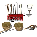 Essential Garden Tools Collection With Rakes Shovels Wicker Baskets and Tool Rack